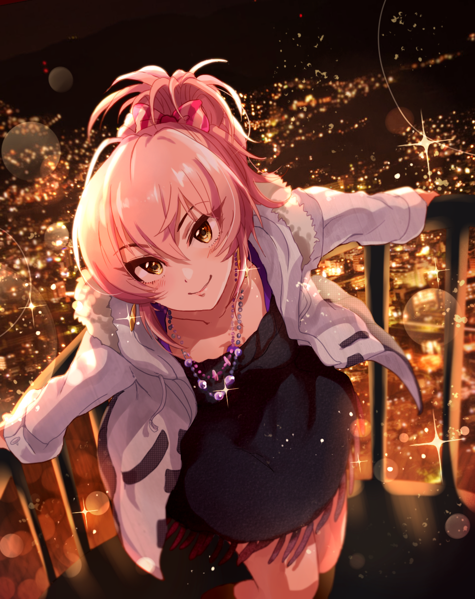 anaroguya bangs bare_legs black_dress bow city city_lights coat commentary dress earrings eyebrows_visible_through_hair fur_trim hair_bow highres idolmaster idolmaster_cinderella_girls jewelry jougasaki_mika leaning_forward long_hair long_sleeves looking_at_viewer necklace night outdoors pink_hair ponytail railing smile solo sparkle_background striped striped_bow white_coat yellow_eyes