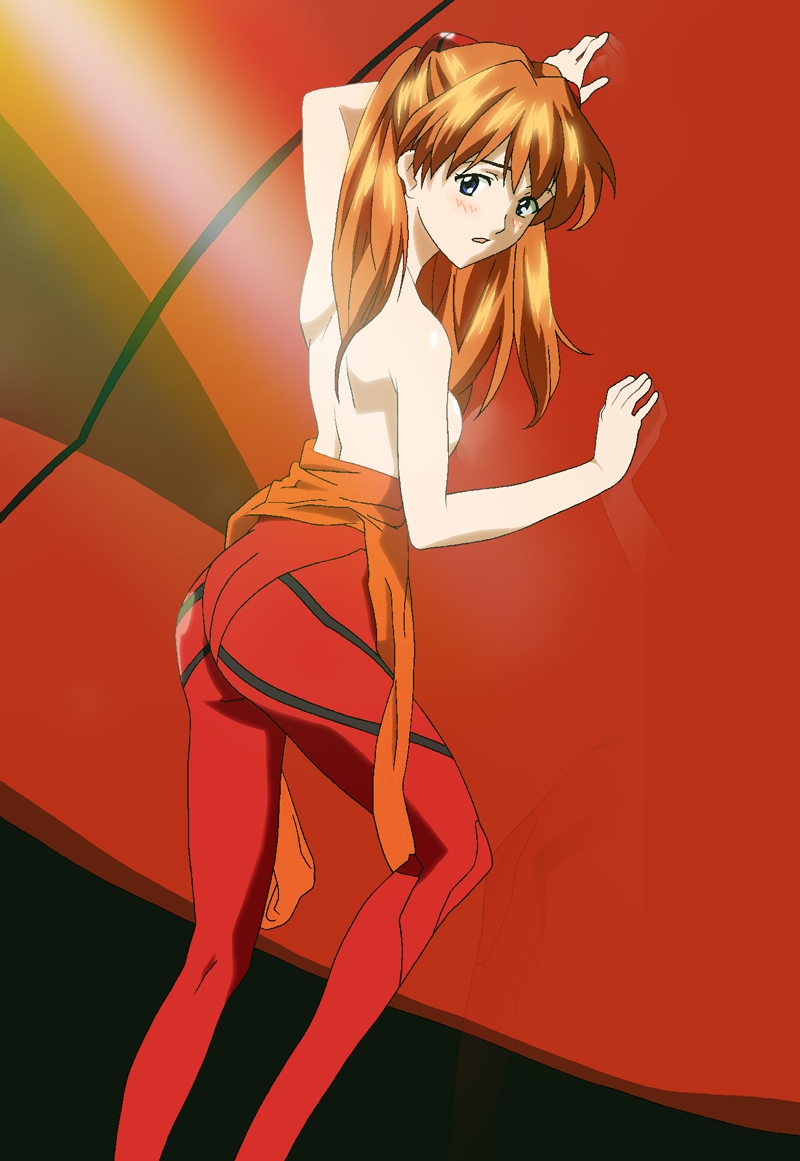 1girl ass blue_eyes blush breasts curvy female game_cg looking_at_viewer looking_back mecha neon_genesis_evangelion no_bra plugsuit shiny soryu_asuka_langley twintails