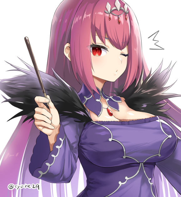 1girl breasts cleavage closed_mouth commentary_request detached_collar dress fate/grand_order fate_(series) feather_trim fingernails food headpiece holding holding_food large_breasts long_hair long_sleeves looking_at_viewer one_eye_closed pocky purple_collar purple_dress purple_hair red_eyes scathach_(fate)_(all) scathach_skadi_(fate/grand_order) simple_background solo twitter_username tyone upper_body very_long_hair white_background wide_sleeves