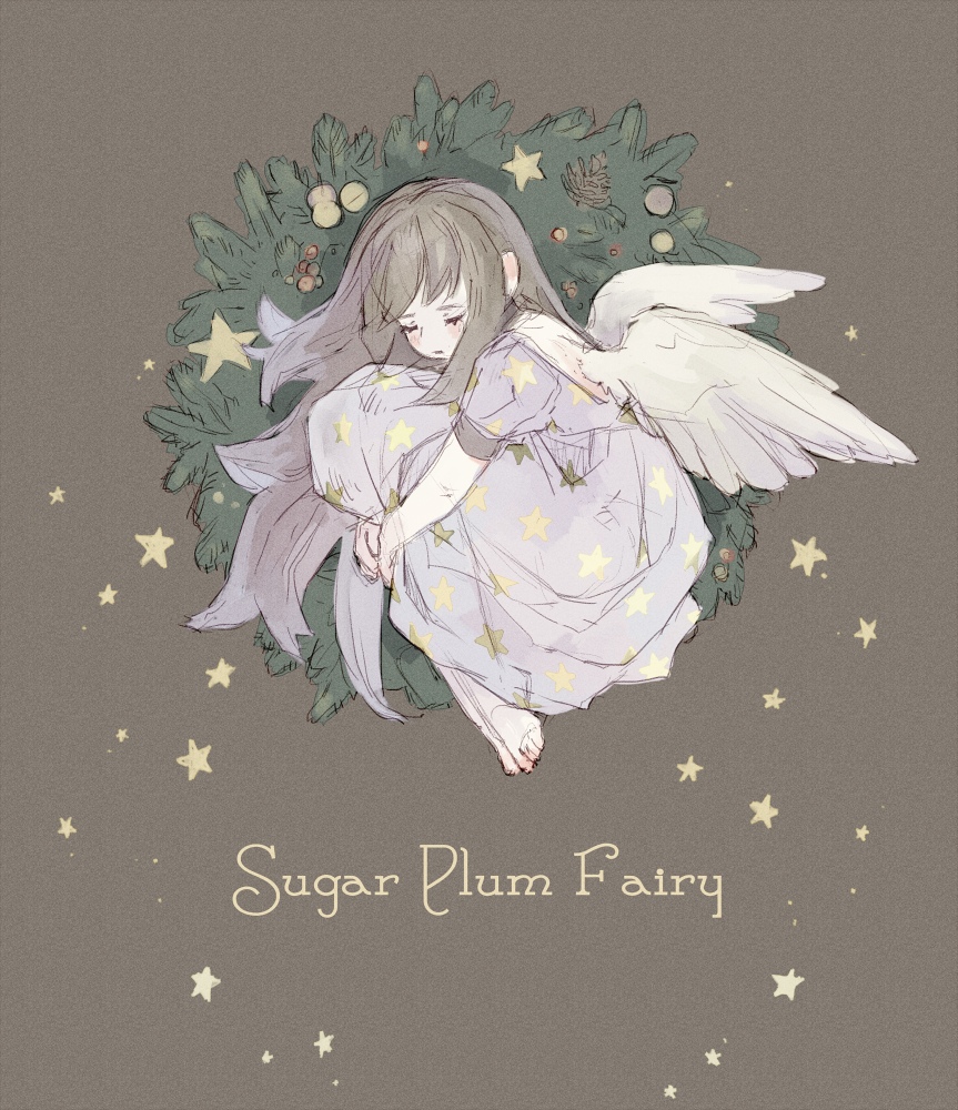 closed_eyes closed_mouth commentary_request dress ears english fairyapple full_body long_hair original russian_commentary simple_background sketch solo star wings