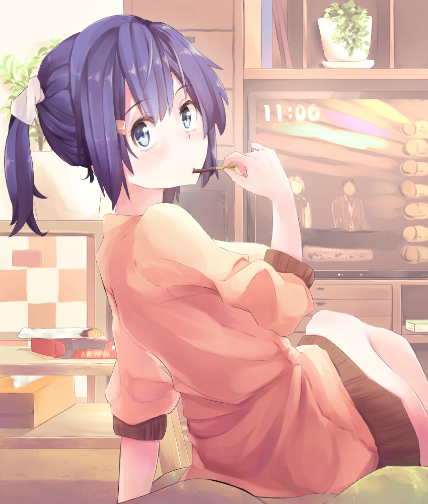 alternate_costume blue_eyes blue_hair eyebrows_visible_through_hair food food_in_mouth from_behind hair_ornament hairclip holding holding_food indoors kantai_collection looking_at_viewer planter pocky_day ponytail shirt short_hair sitting solo souryuu_(kantai_collection) taisho_(gumiyuki) television