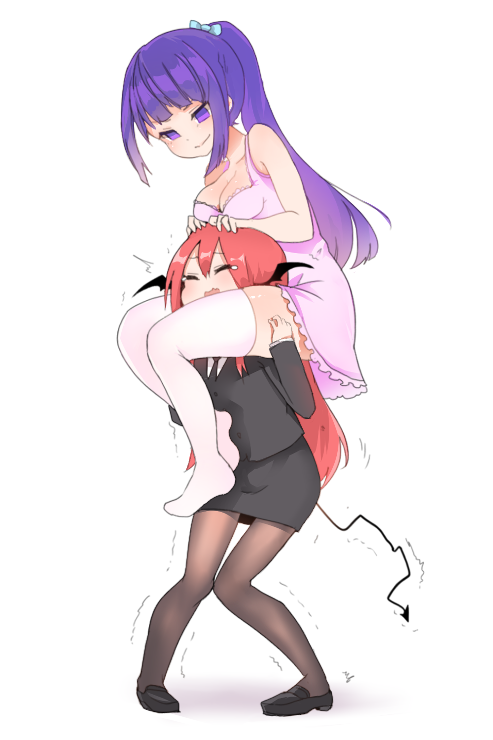 2girls alternate_hairstyle bow breasts carrying cleavage demon_tail formal hair_bow head_wings highres koakuma loafers long_hair multiple_girls necktie nightgown patchouli_knowledge pencil_skirt ponytail purple_hair red_hair shoes shoulder_carry sidelocks skirt suit tail thighhighs touhou trembling
