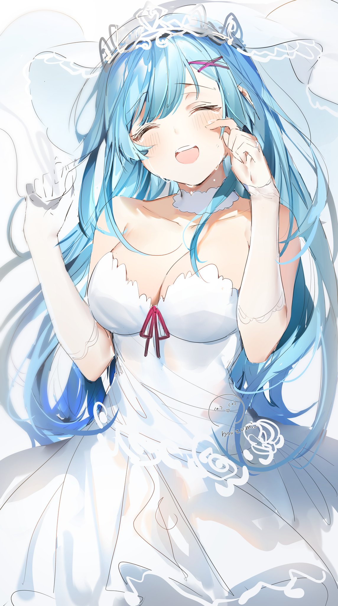 bangs bare_shoulders blue_hair blush breasts bridal_veil cleavage closed_eyes collarbone commentary_request crying detached_collar detached_sleeves dress eyebrows_visible_through_hair frilled_sleeves frills gloves hair_ornament highres large_breasts open_mouth re:zero_kara_hajimeru_isekai_seikatsu rem_(re:zero) smile standing tears umibouzu_(niito) veil wedding_dress white_gloves x_hair_ornament