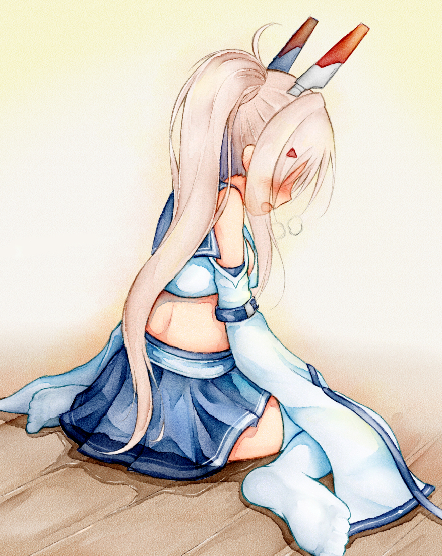 1girl ayanami_(azur_lane) azur_lane bangs bare_shoulders blonde_hair blue_sailor_collar blue_skirt blush breasts breath crop_top detached_sleeves embarrassed female from_behind full_body hair_ornament hairclip headgear long_hair midriff miniskirt nose_blush open_mouth peeing peeing_self pleated_skirt ponytail puddle sailor_collar shirt sideboob sitting skirt sleeveless sleeveless_shirt sleeves_past_fingers sleeves_past_wrists small_breasts solo thighhighs tied_hair wariza watakarashi wet wet_clothes white_legwear white_shirt