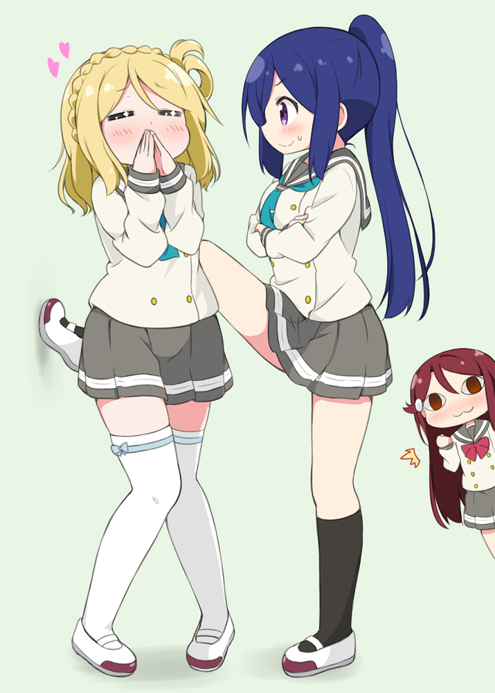 3girls :3 alternate_eye_color black_legwear blonde_hair blue_hair blush chibi crossed_arms eyes_closed fist_pump green_background grey_skirt hair_rings heart long_hair love_live! love_live!_sunshine!! matsuura_kanan miyako_hito multiple_girls ohara_mari ponytail purple_eyes red_eyes red_hair sakurauchi_riko school_uniform simple_background skirt smile socks standing sweat thighhighs uranohoshi_school_uniform wall_slam white_legwear yuri yurijoshi