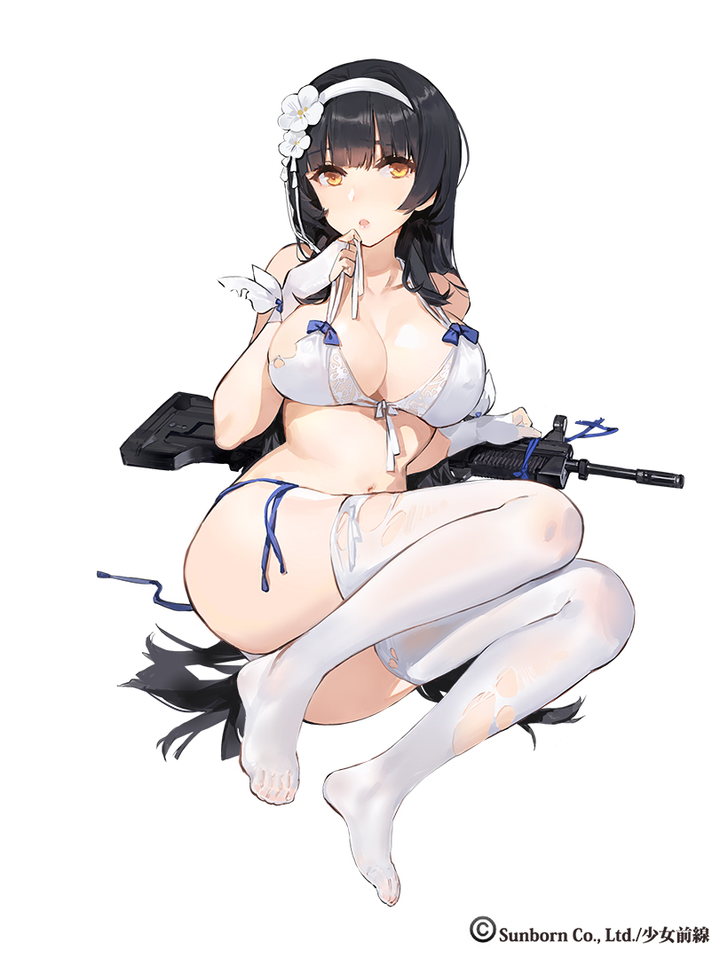 bare_shoulders black_hair breasts cleavage commentary girls_frontline gun hairband hips kishiyo large_breasts long_hair looking_at_viewer panties parted_lips qbz-95_(girls_frontline) side-tie_panties simple_background solo thighhighs thighs toes torn_clothes torn_legwear underwear very_long_hair weapon white_background white_legwear