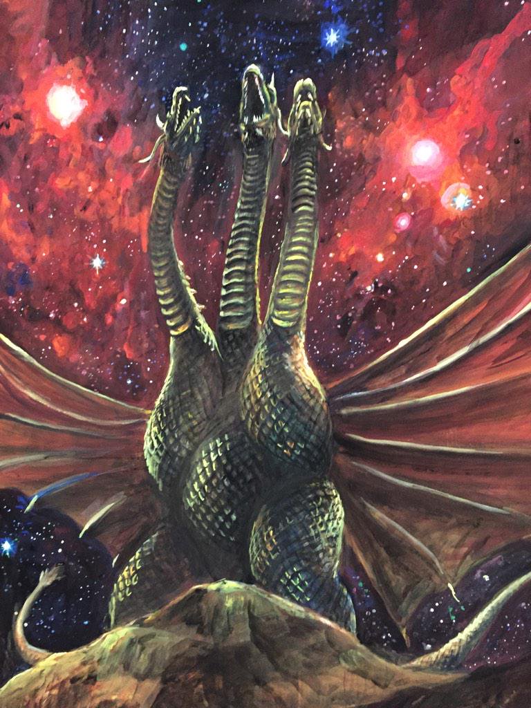 alien dragon epic g.n.a. godzilla_(series) gold_skin hydra kaijuu king_ghidorah looking_up multiple_heads no_humans planet roaring space stars tail wings