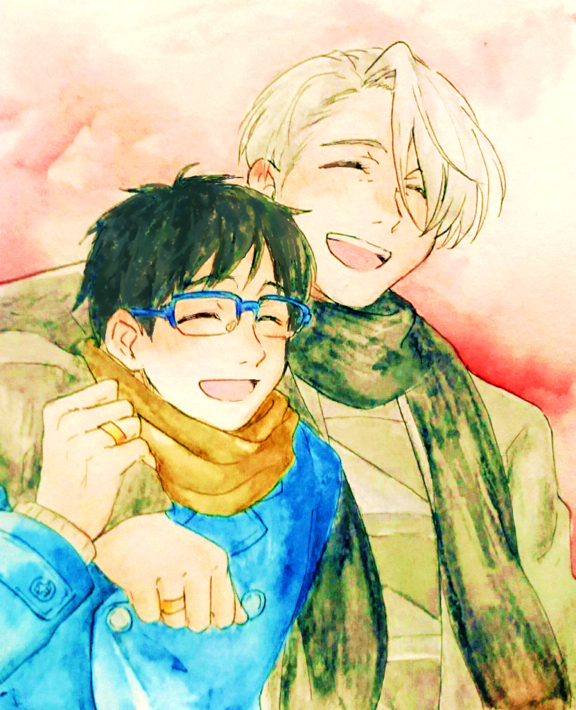 ^_^ arm_around_shoulder black_hair blue-framed_eyewear closed_eyes coat couple glasses jewelry katsuki_yuuri male_focus multiple_boys open_mouth ring scarf silver_hair smile takeshi_(mononohu20) viktor_nikiforov yaoi yuri!!!_on_ice