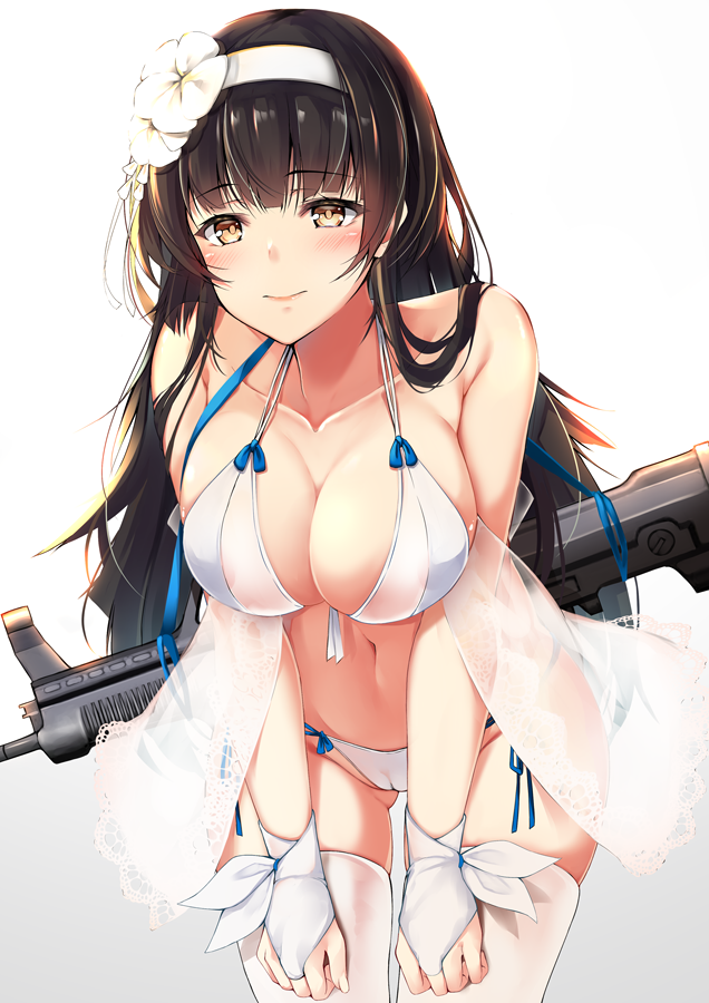 alternate_costume assault_rifle bangs bare_shoulders bikini black_hair blush breasts bridal_gauntlets bullpup cameltoe cleavage closed_mouth collarbone commentary_request eyebrows_visible_through_hair flower girls_frontline gloves gradient gradient_background gun hair_flower hair_ornament hairband halter_top halterneck hazuki_gyokuto large_breasts leaning_forward long_hair looking_at_viewer navel qbz-95 qbz-95_(girls_frontline) rifle shawl side-tie_bikini sidelocks simple_background smile solo stomach swimsuit thighhighs very_long_hair weapon white_bikini white_gloves white_hairband white_legwear yellow_eyes