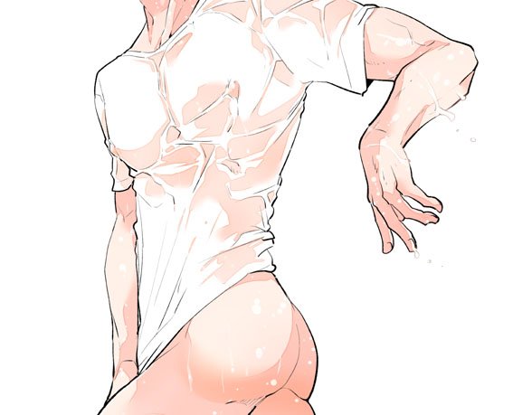 ass bottomless chest covered_nipples covering covering_crotch head_out_of_frame male_focus original ri-ru shirt simple_background solo t-shirt water wet wet_clothes white_background white_shirt