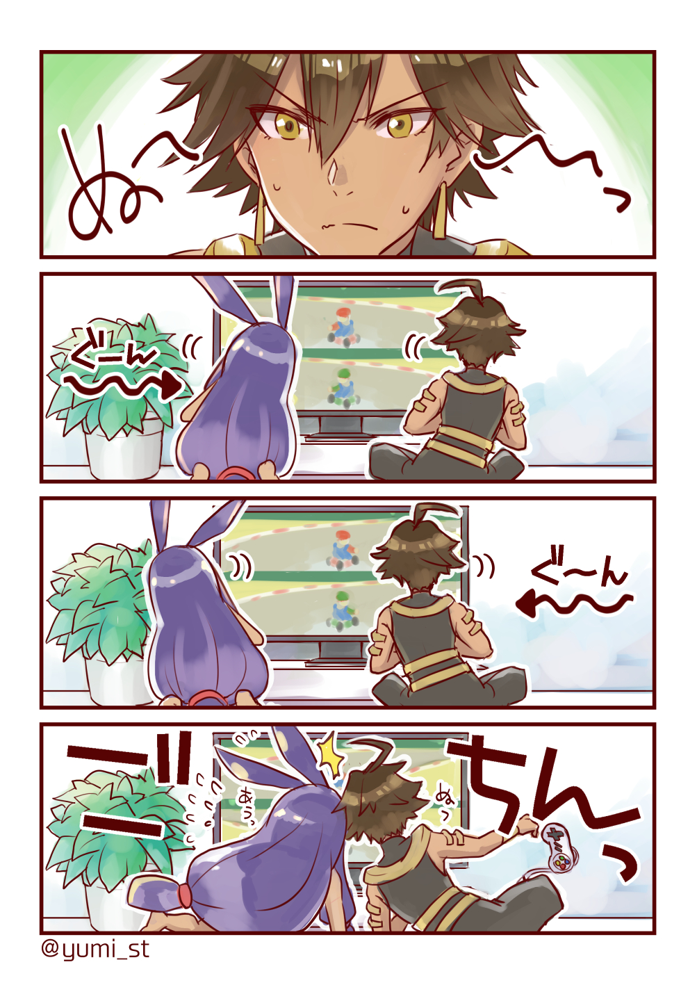 &gt;:| 1girl ahoge animal_ears brown_hair commentary_request controller dark_skin directional_arrow earrings fate/grand_order fate_(series) from_behind game_console game_controller highres jackal_ears jewelry long_hair low-tied_long_hair mario_kart nitocris_(fate/grand_order) ozymandias_(fate) purple_hair sitting super_famicom_gamepad television twitter_username yellow_eyes yumi_yumi