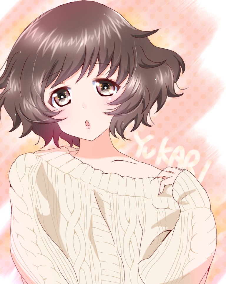 akiyama_yukari bangs character_name chestnut_mouth commentary eyebrows_visible_through_hair girls_und_panzer lips long_sleeves looking_at_viewer off_shoulder open_mouth pamchapyuzu polka_dot polka_dot_background pulled_by_self ribbed_sweater shirt_pull short_hair solo standing sweater upper_body