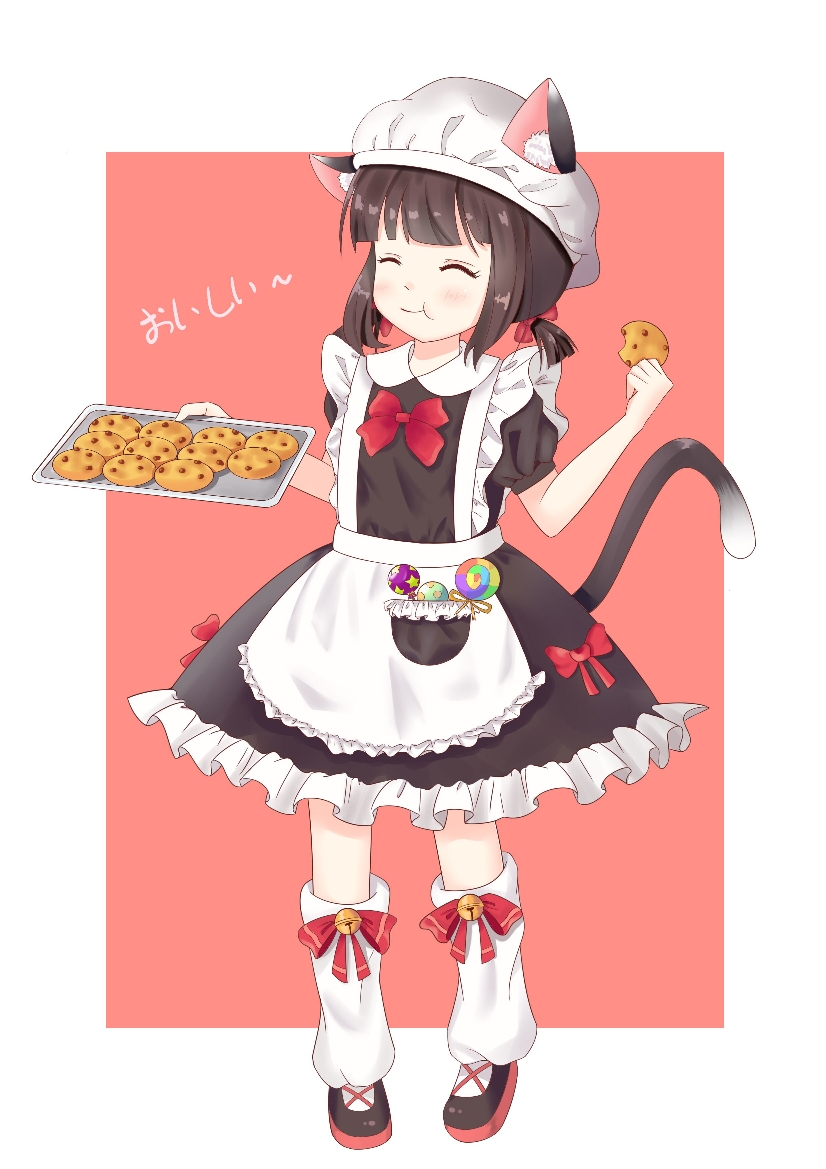 :t animal_ear_fluff animal_ears apron azur_lane ban_ge_juzi bangs bell black_dress black_footwear blush bow brown_background brown_hair candy cat_ears cat_girl cat_tail chocolate_chip_cookie closed_eyes closed_mouth commentary_request dress ears_through_headwear eating facing_viewer food frilled_apron frills full_body hair_bow hat holding holding_cookie holding_food jingle_bell kneehighs lollipop loose_socks low_twintails mutsuki_(azur_lane) puffy_short_sleeves puffy_sleeves red_bow shoes short_sleeves short_twintails solo standing swirl_lollipop tail tail_raised translated twintails two-tone_background white_apron white_background white_hat white_legwear