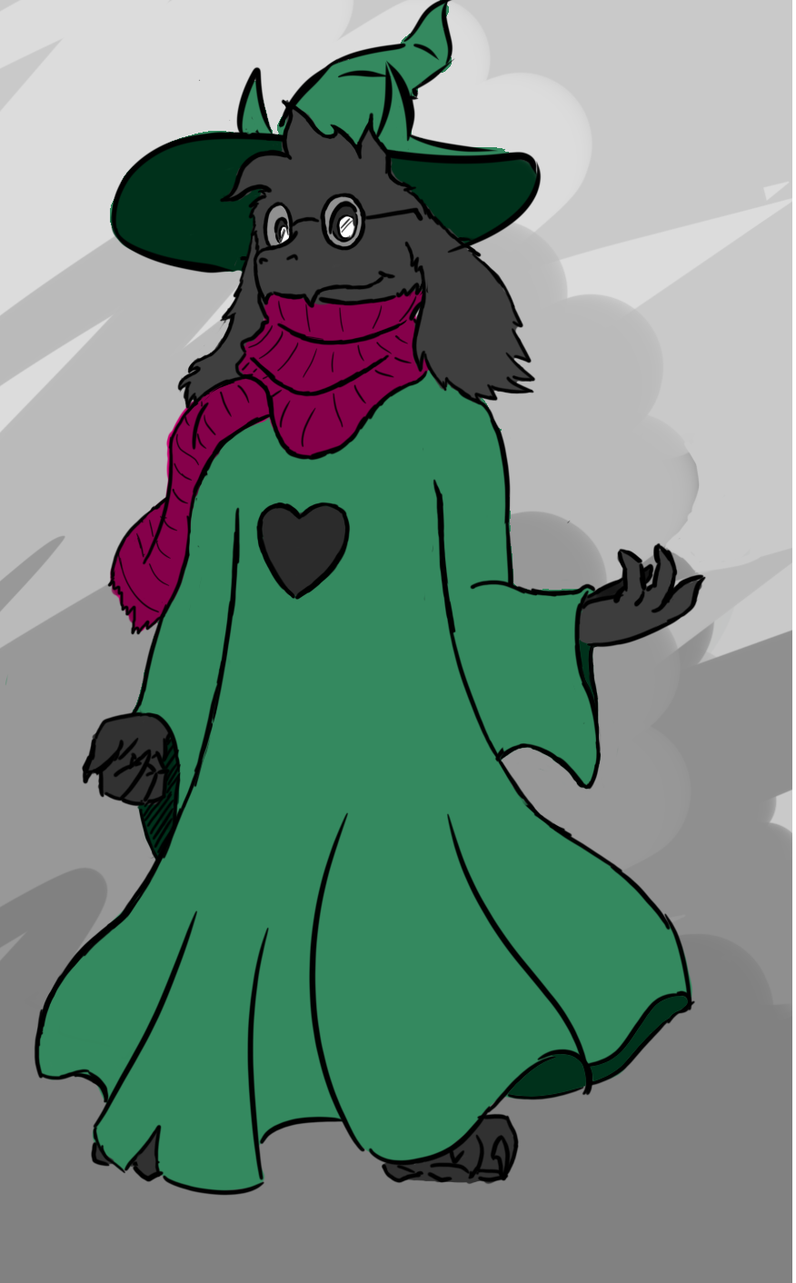 &lt;3 2018 anthro barefoot black_fur caprine clothed clothing deltarune digital_media_(artwork) eyewear floppy_ears fur glasses goat hat killdark male mammal ralsei scarf simple_background solo video_games