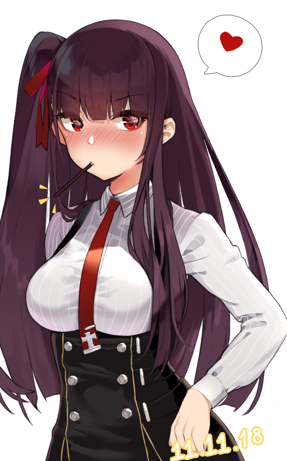 bangs black_skirt blush breasts collared_shirt commentary dated eyebrows_visible_through_hair food girls_frontline hair_ribbon half_updo heart high-waist_skirt hoshi_usagi large_breasts long_hair long_sleeves looking_at_viewer mouth_hold necktie one_side_up pantyhose pocky pocky_day pocky_kiss purple_hair red_eyes red_neckwear ribbon shared_food shirt simple_background skirt solo spoken_heart striped striped_shirt very_long_hair wa2000_(girls_frontline) white_background