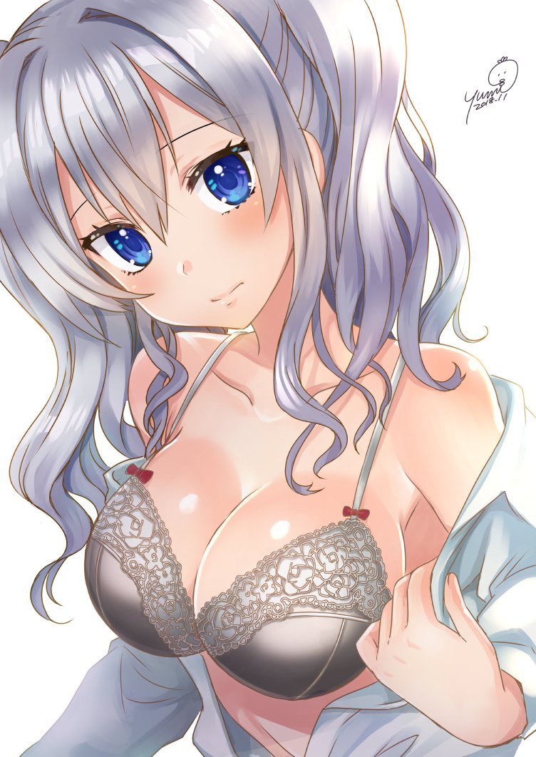 blue_eyes blush bra breasts cleavage collarbone commentary_request grey_bra kantai_collection kashima_(kantai_collection) large_breasts long_hair long_sleeves looking_at_viewer open_clothes open_shirt silver_hair simple_background solo underwear undressing upper_body white_background yumi_yumi