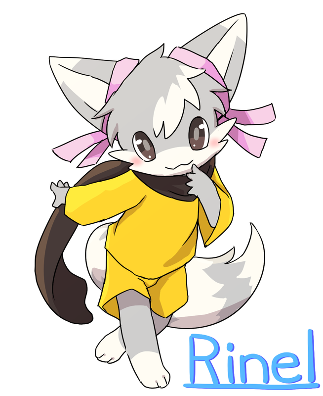 2016 3_toes 4_fingers anthro barefoot blush cel_shading clothing digital_media_(artwork) english_text fluffy fluffy_tail front_view fur grey_fur looking_at_viewer manmosu_marimo ribbons scarf shorts simple_background smile solo standing stripes text toes white_background white_fur young