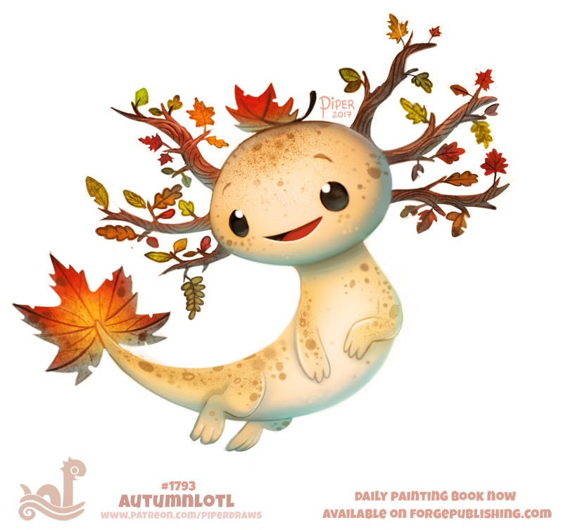 2017 ambiguous_gender amphibian autumn axolotl black_eyes branch cryptid-creations feral hybrid leaf open_mouth salamander simple_background solo tree white_background