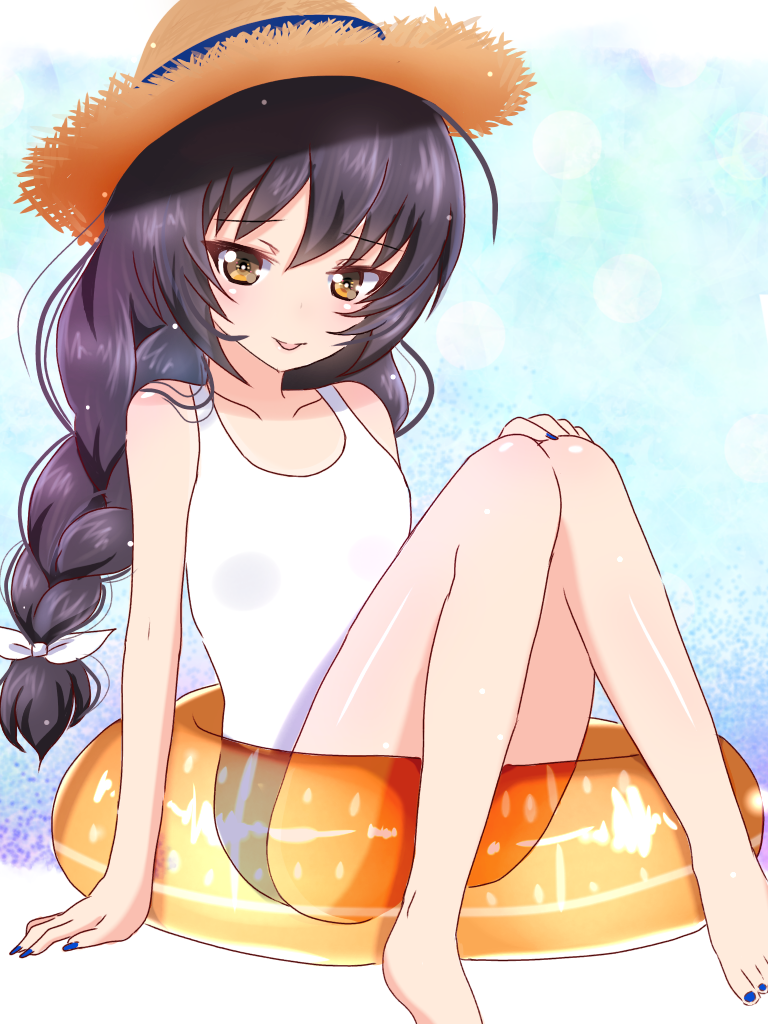 :p alternate_hairstyle arm_support bangs barefoot black_hat blue_nails braid brown_hat closed_mouth commentary full_body girls_und_panzer hair_tie hand_on_own_knee hat innertube legs light_smile long_hair looking_at_viewer nail_polish one-piece_swimsuit pamchapyuzu reizei_mako see-through single_braid sitting solo straw_hat swimsuit tongue tongue_out white_swimsuit