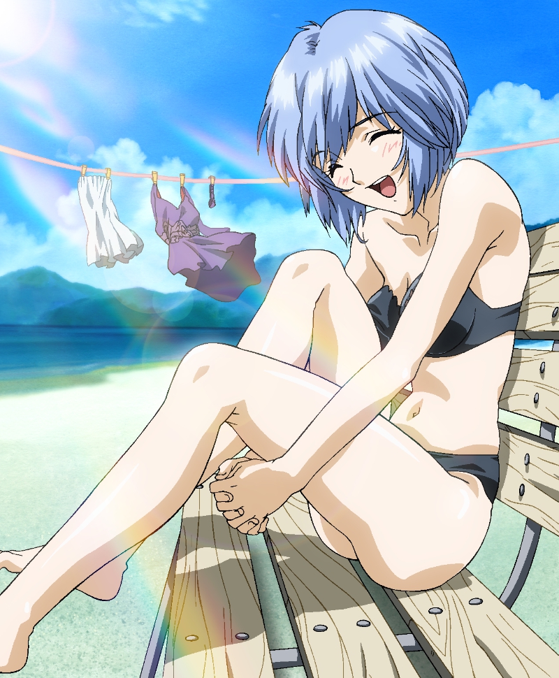 1girl ass ayanami_rei bikini blue_hair breasts curvy female game_cg happy looking_at_viewer neon_genesis_evangelion shiny sitting sky smile solo swimsuit
