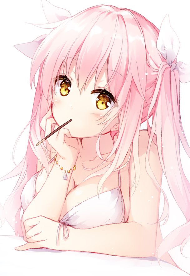 bangs bare_shoulders blush bracelet breasts brown_eyes chin_rest cleavage collarbone commentary_request eyebrows_visible_through_hair food front-tie_bikini front-tie_top hair_ribbon head_tilt jewelry large_breasts long_hair looking_at_viewer mochizuki_shiina mouth_hold original pink_hair pocky pocky_day ribbon sidelocks simple_background solo twintails upper_body white_background white_bikini_top white_ribbon