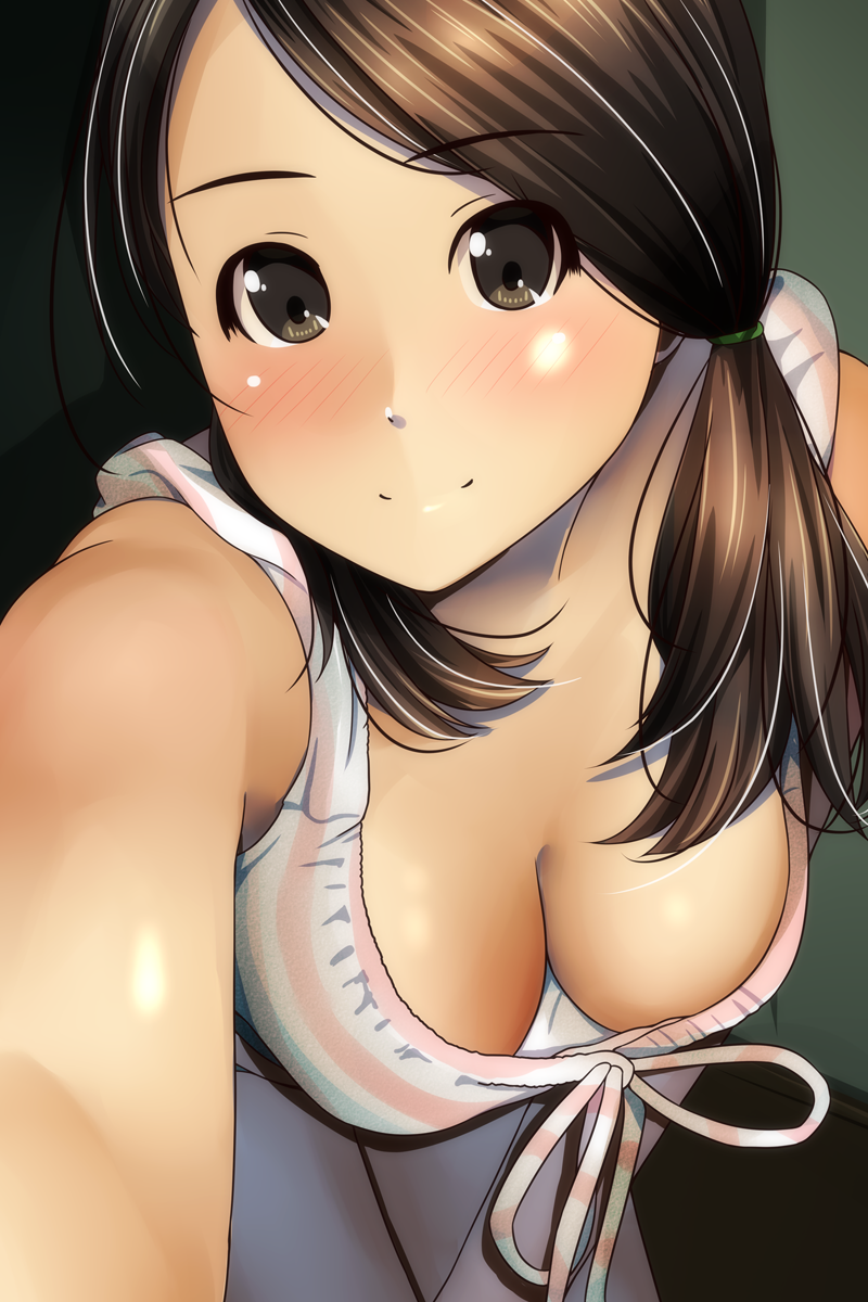 bangs bare_shoulders blush breasts brown_eyes brown_hair cleavage closed_mouth collarbone commentary_request downblouse eyebrows_visible_through_hair hair_tie head_tilt highres leaning_forward long_hair looking_at_viewer low_twintails matsunaga_kouyou medium_breasts nose_blush original outstretched_arm pink_skirt reaching_out self_shot skirt smile solo standing striped swept_bangs twintails