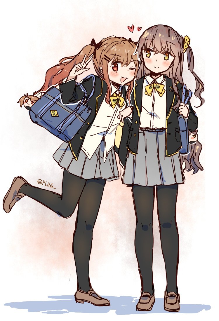 blush bow bowtie brown_eyes brown_hair commentary_request girls_frontline grey_hair happy multiple_girls one_eye_closed plug_(feng-yushu) scar scar_across_eye school_uniform shoes siblings sisters smile thighhighs twins twintails ump45_(girls_frontline) ump9_(girls_frontline)
