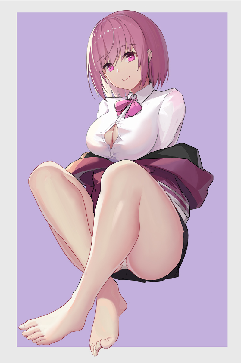 bad_id bad_pixiv_id bangs bare_legs barefoot black_skirt blush bow breasts button_gap cleavage closed_mouth collared_shirt commentary_request crossed_ankles dress_shirt eyebrows_visible_through_hair feet grey_background hair_between_eyes head_tilt highres jacket loading_(vkjim0610) medium_breasts miniskirt off_shoulder panties pink_bow pink_eyes pink_hair pleated_skirt purple_background purple_jacket shinjou_akane shirt sitting skirt smile solo ssss.gridman two-tone_background underwear white_panties white_shirt