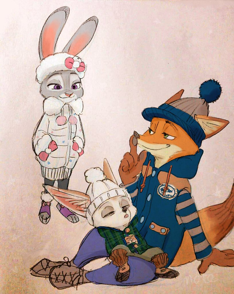 2018 anthro boots canine clothed clothing coat disney female fennec finnick footwear fox fully_clothed fur group hands_in_pockets hat hi_res inner_ear_fluff judy_hopps lagomorph male mammal mortic_ox nick_wilde on_lap open_mouth rabbit sitting size_difference smile winter zootopia