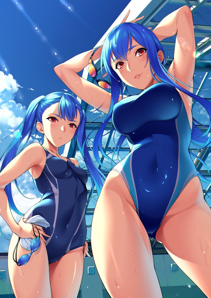 arms_behind_head blue_hair blue_sky blue_swimsuit breasts cloud commentary_request competition_swimsuit cowboy_shot day goggles goggles_removed hand_on_hip large_breasts long_hair looking_at_viewer multiple_girls one-piece_swimsuit original outdoors parted_lips red_eyes rooftop sidelocks sky sugarbeat swim_cap_removed swimsuit twintails