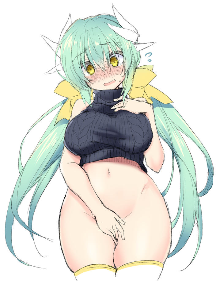 blush bottomless breasts covering covering_crotch cowboy_shot crop_top embarrassed fate/grand_order fate_(series) flying_sweatdrops green_hair hair_between_eyes hair_ribbon head_tilt horns kagura_nanaki kiyohime_(fate/grand_order) large_breasts long_hair looking_at_viewer navel nose_blush ribbed_sweater ribbon simple_background sketch solo standing sweatdrop sweater turtleneck turtleneck_sweater very_long_hair white_background yellow_eyes yellow_ribbon