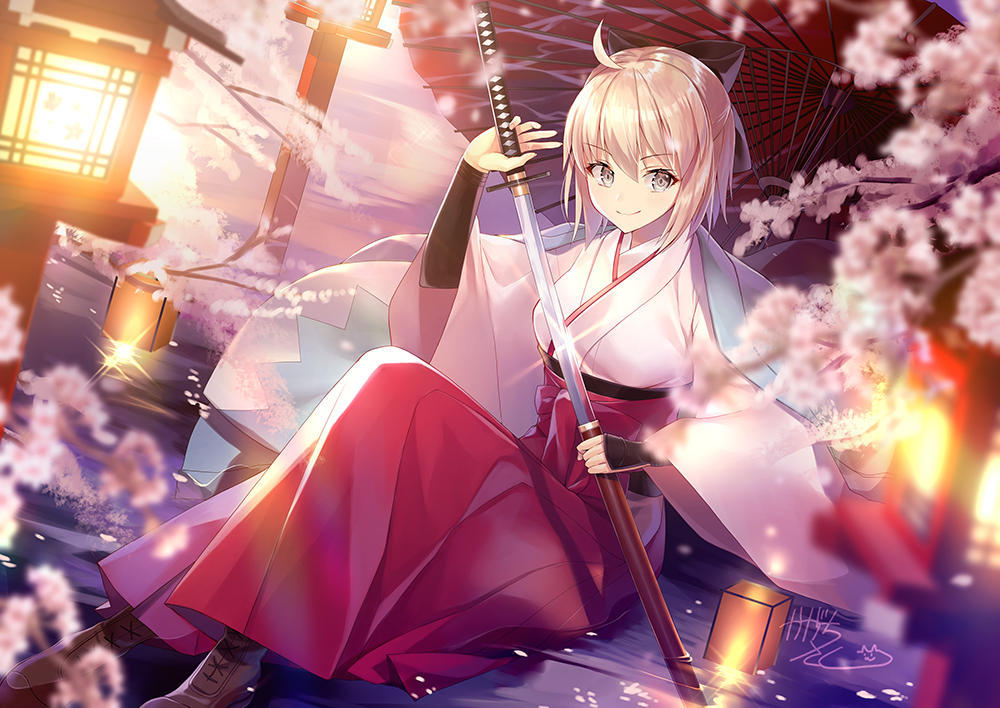 &gt;:) arm_grab bangs black_bow blurry blurry_background boots bow brown_footwear closed_mouth commentary_request depth_of_field eyebrows_visible_through_hair fate/grand_order fate_(series) flower glint grey_eyes hair_between_eyes hair_bow holding holding_sheath holding_sword holding_weapon japanese_clothes kagachi_saku katana kimono koha-ace lantern light_brown_hair long_sleeves looking_at_viewer okita_souji_(fate) okita_souji_(fate)_(all) oriental_umbrella pink_flower pink_kimono red_bow red_skirt red_umbrella sheath short_kimono skirt smile solo sword tree_branch umbrella unsheathing v-shaped_eyebrows weapon wide_sleeves