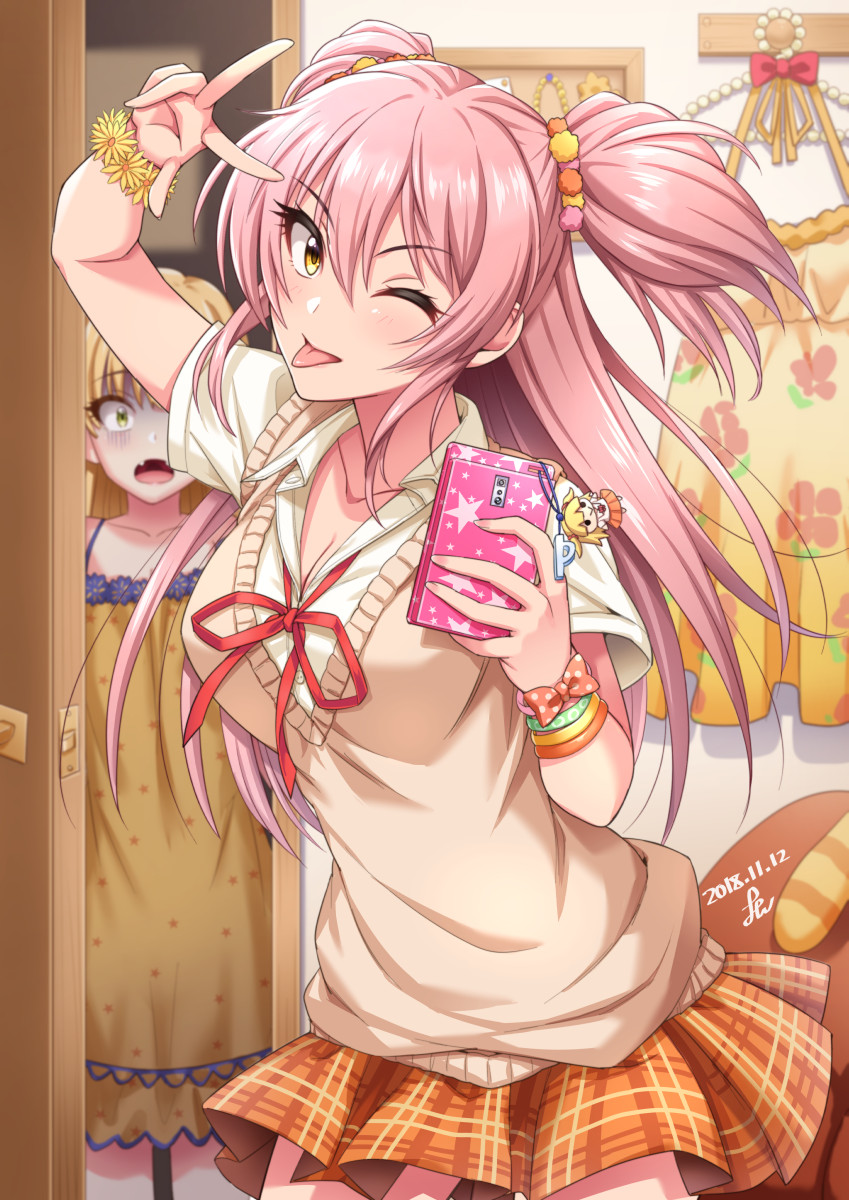 :o :p artist_name bangs blonde_hair breasts caught cellphone collared_shirt commentary cosplay cowboy_shot dated dress eyebrows_visible_through_hair eyelashes fangs gown hair_ornament hair_over_eyes hand_gesture highres idolmaster idolmaster_cinderella_girls jacket jougasaki_mika jougasaki_mika_(cosplay) jougasaki_rika large_breasts long_hair multiple_girls necktie nightgown one_eye_closed orange_skirt phone pink_hair plaid plaid_skirt pleated_skirt polka_dot red_ribbon ribbon scrunchie shirt short_twintails signature skirt smartphone sweater_vest tongue tongue_out twintails two_side_up w walk-in white_shirt wrist_scrunchie yellow_dress yellow_eyes yellow_scrunchie yoohi