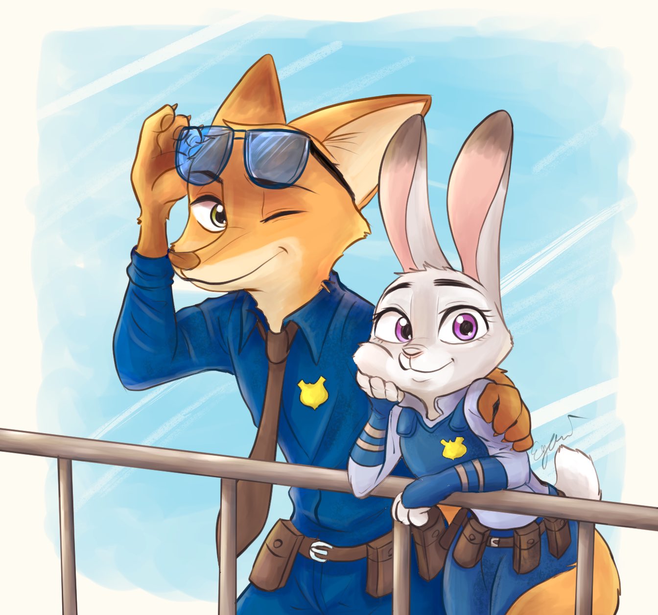 2018 anthro canine clothed clothing disney eyewear female fox fur hat hi_res judy_hopps lagomorph male mammal nick_wilde police_uniform rabbit sunglasses uniform zootopia zoovenir123