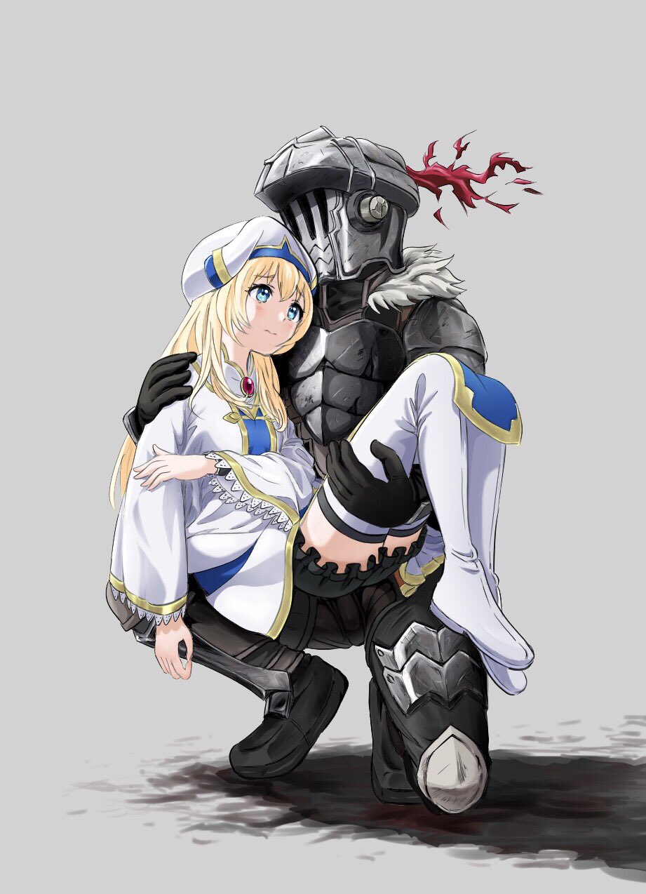 1girl armor black_gloves blonde_hair bloomers blue_eyes blush boots carrying closed_mouth dress frills full_body gloves goblin_slayer goblin_slayer! hat helmet highres knight long_hair long_sleeves priestess_(goblin_slayer!) princess_carry squatting thigh_boots thighhighs to_gemichi underwear wide_sleeves