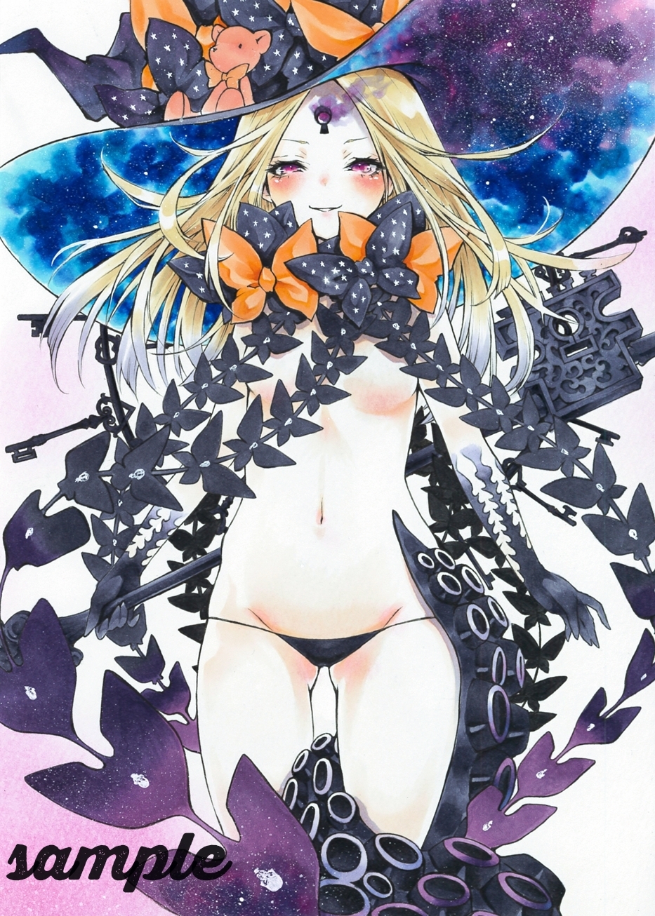 abigail_williams_(fate/grand_order) arim0k0 bangs black_bow black_hat black_panties blonde_hair blush bow breasts commentary_request fate/grand_order fate_(series) forehead glowing glowing_eye hat highres hips key keyhole long_hair looking_at_viewer navel orange_bow panties parted_bangs parted_lips pink_eyes polka_dot polka_dot_bow small_breasts smile solo space staff star_(sky) stuffed_animal stuffed_toy teddy_bear thighs third_eye underwear witch_hat