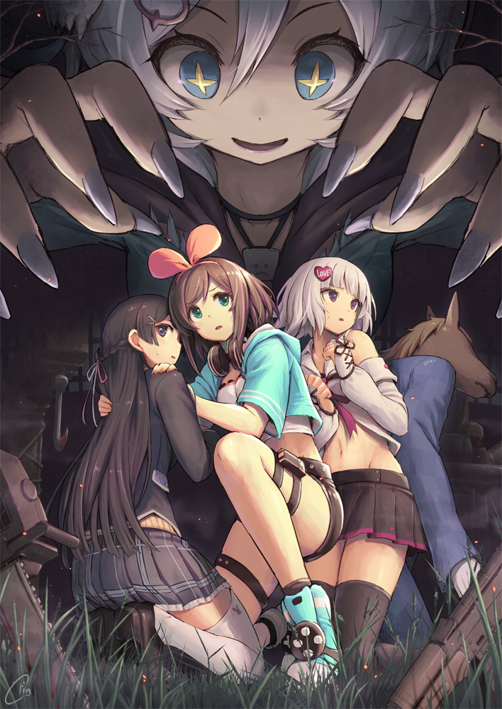 1boy 4girls :d a.i._channel bacharu_(youtube) bangs bare_shoulders black_hair black_legwear black_shorts black_skirt blazer blue_eyes braid brown_hair cardigan chainsaw cover cover_page crop_top cropped_jacket dansei_virtual_youtuber_bacharu dead_by_daylight dennou_shoujo_youtuber_shiro detached_sleeves doujin_cover facing_away fingernails formal french_braid from_behind grass green_eyes groin gun hair_ornament hair_ribbon hairclip headphones heart heart_hair_ornament horse jacket jewelry kizuna_ai kneeling long_hair looking_at_another looking_back looking_down midriff miniskirt moemi_&amp;_yomemi_channel multicolored_hair multiple_girls nail_polish navel nijisanji open_mouth parted_lips pendant pink_hair piro_(orip) plaid plaid_skirt pleated_skirt purple_eyes ribbon school_uniform sharp_fingernails shiro_(dennou_shoujo_youtuber_shiro) shoes short_shorts shorts signature skirt smile sparkling_eyes streaked_hair suit thighhighs tsukino_mito virtual_youtuber weapon white_hair white_legwear yomemi youtube zettai_ryouiki