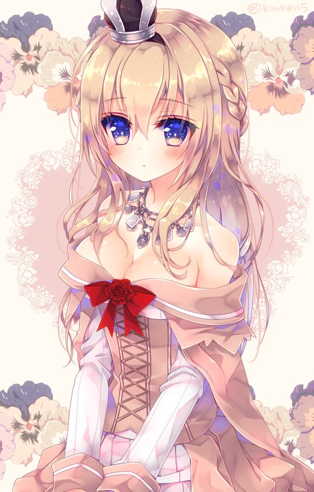 blonde_hair blue_eyes blush bow braid breasts cleavage corset crown eyebrows_visible_through_hair flower french_braid hair_between_eyes jewelry kantai_collection konno_kengo long_hair long_sleeves medium_breasts mini_crown necklace off_shoulder red_bow red_flower red_rose rose shiny shiny_hair sitting solo twitter_username warspite_(kantai_collection) white_sleeves