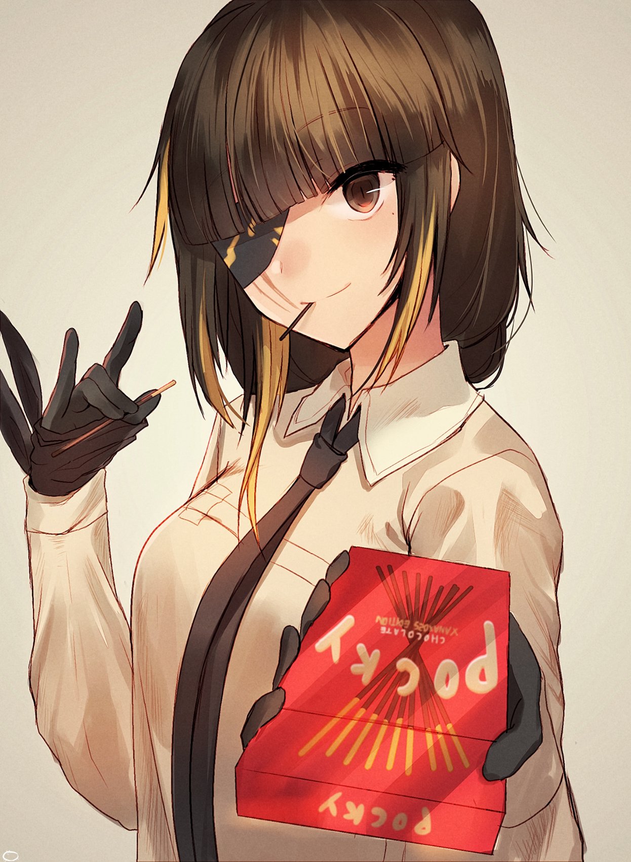 black_hair brown_eyes commentary eyepatch food food_in_mouth girls_frontline gloves highres looking_at_viewer m16a1_(girls_frontline) necktie pocky pocky_day scar scar_across_eye shirt solo xanax025