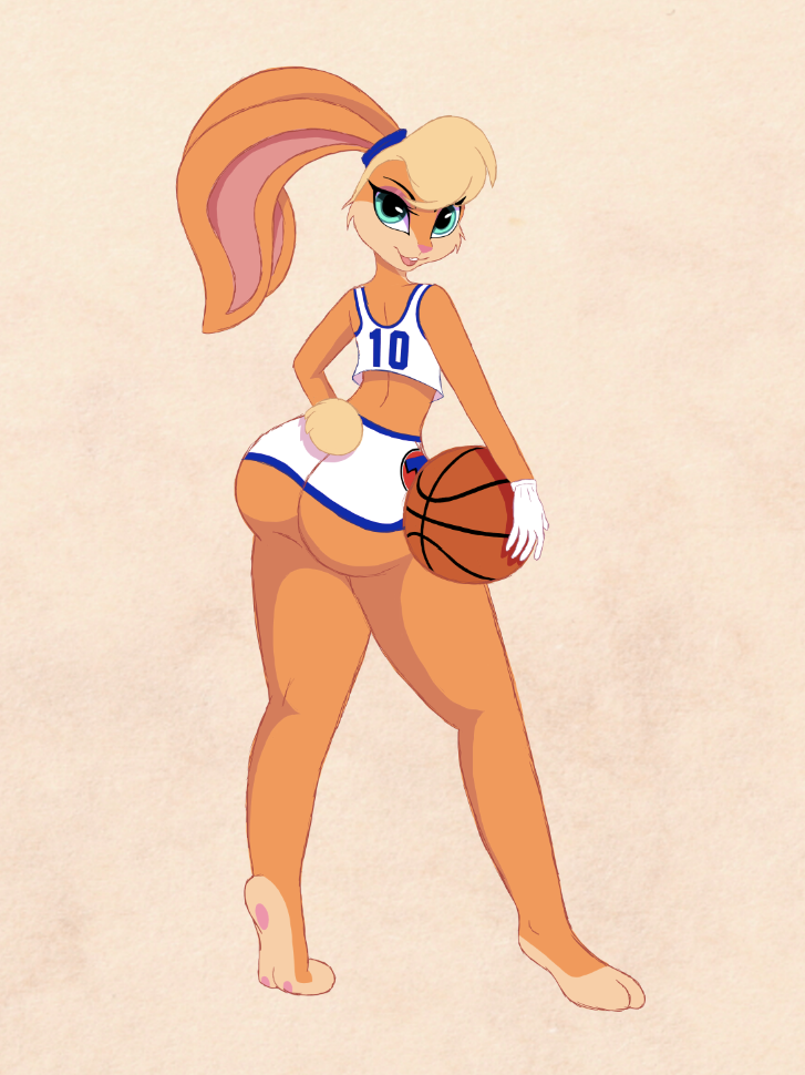 anthro basketball blue_eyes butt clothing cocaine-leopard crop_top female gloves lagomorph lola_bunny long_ears looney_tunes mammal rabbit shirt shorts small_waist smile solo space_jam standing warner_brothers
