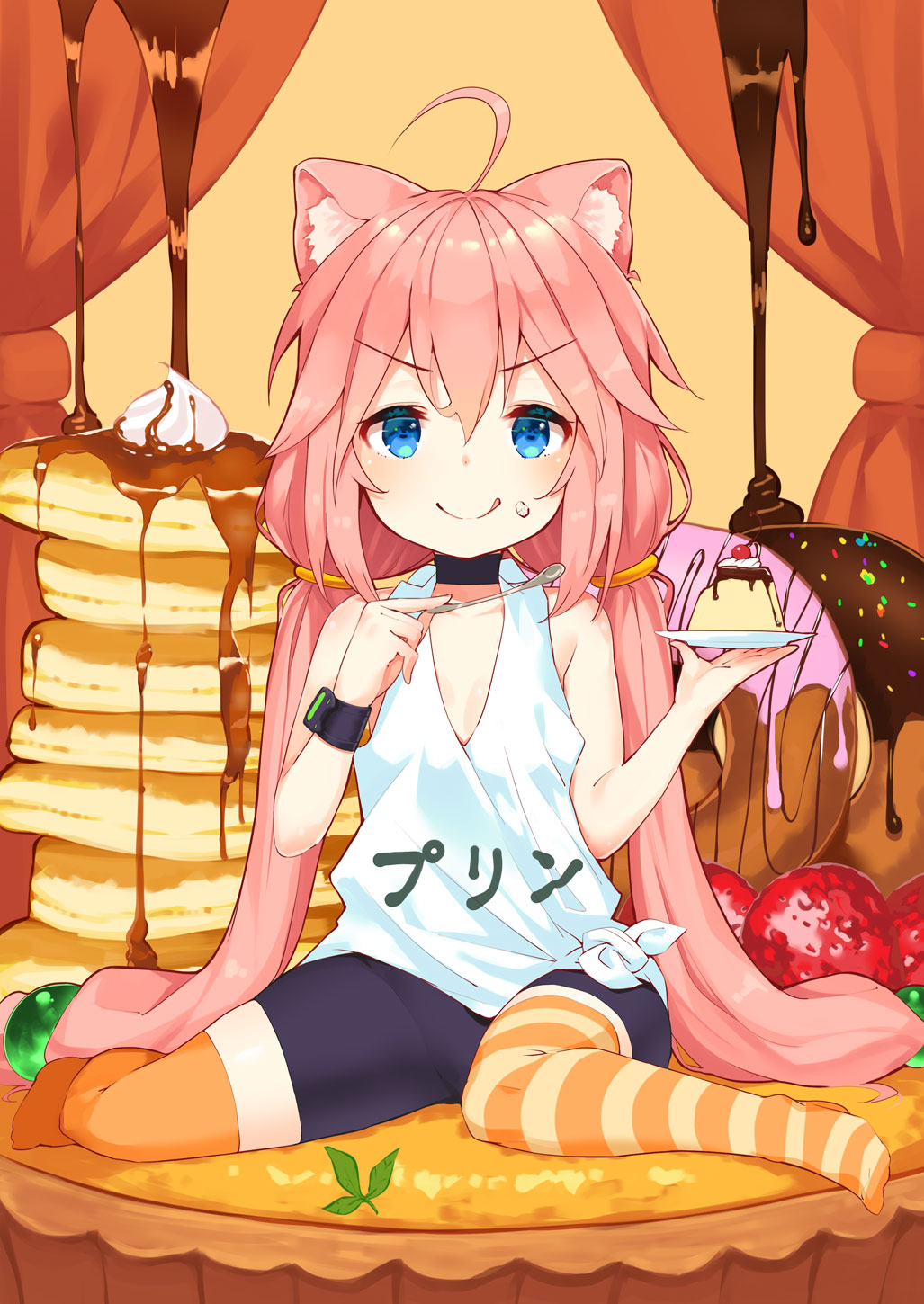 :q ahoge animal_ear_fluff animal_ears bangs bike_shorts black_choker black_shorts blue_eyes blush cat_ears choker closed_mouth clothes_writing commentary_request doughnut eyebrows_visible_through_hair food fruit hair_between_eyes hair_bobbles hair_ornament highres hinata_channel holding holding_saucer holding_spoon long_hair low_twintails mismatched_legwear nekomiya_hinata no_shoes orange_legwear pancake pink_hair puddle saucer short_shorts shorts sitting smile solo spoon stack_of_pancakes strawberry striped striped_legwear tank_top thighhighs tongue tongue_out translated twintails very_long_hair virtual_youtuber wariza white_tank_top yuuuuu