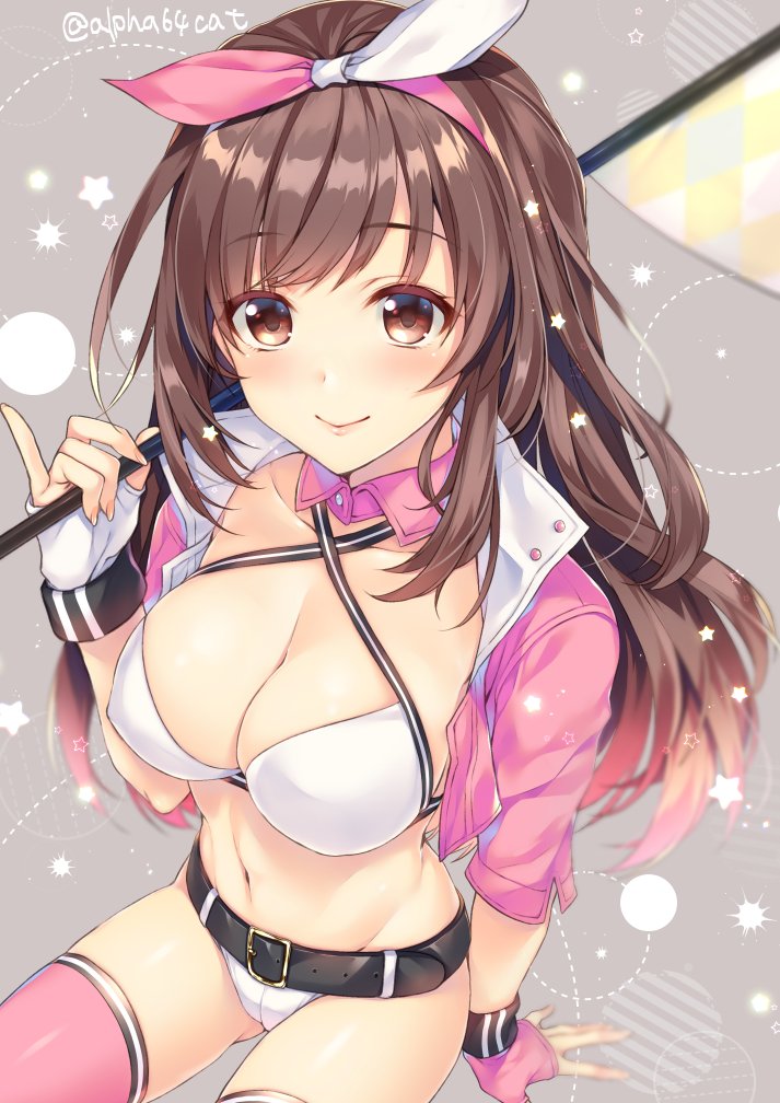 alpha_(yukai_na_nakamatachi) arm_support asymmetrical_gloves bangs belt bikini bow breasts brown_eyes brown_hair choker cleavage collarbone commentary_request cropped_jacket fingerless_gloves flag gloves grey_background groin hair_bow hairband halterneck holding holding_flag idolmaster idolmaster_shiny_colors jacket large_breasts long_hair looking_at_viewer navel open_clothes open_jacket pink_hairband pink_jacket pink_legwear race_queen shiny shiny_hair sitting smile solo swimsuit thighhighs tsukioka_kogane twitter_username white_bikini white_gloves