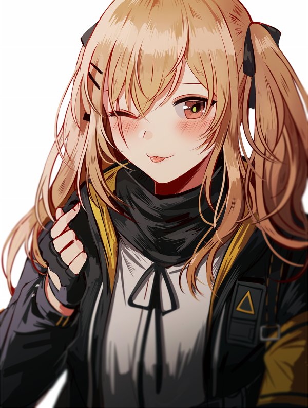 bangs black_gloves black_ribbon blush breasts brown_eyes brown_hair closed_mouth commentary fingerless_gloves girls_frontline gloves hair_between_eyes hair_ornament hair_ribbon hairclip hand_up hood hood_down hooded_jacket jacket long_hair looking_at_viewer one_eye_closed open_clothes open_jacket ribbon scar scar_across_eye shirt sidelocks silence_girl simple_background smile tongue tongue_out twintails ump9_(girls_frontline) upper_body white_background white_shirt