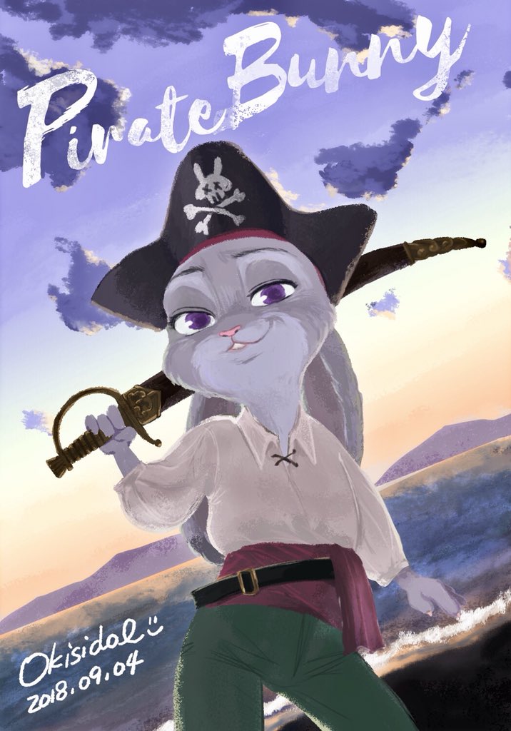 2018 anthro clothing disney dutch_angle ears_down female fur hat hi_res holding_object holding_weapon judy_hopps lagomorph looking_at_viewer mammal melee_weapon multicolored_fur okisidol outside pants pirate_hat portrait purple_eyes rabbit sash shirt smile solo sword three-quarter_portrait two_tone_fur weapon zootopia