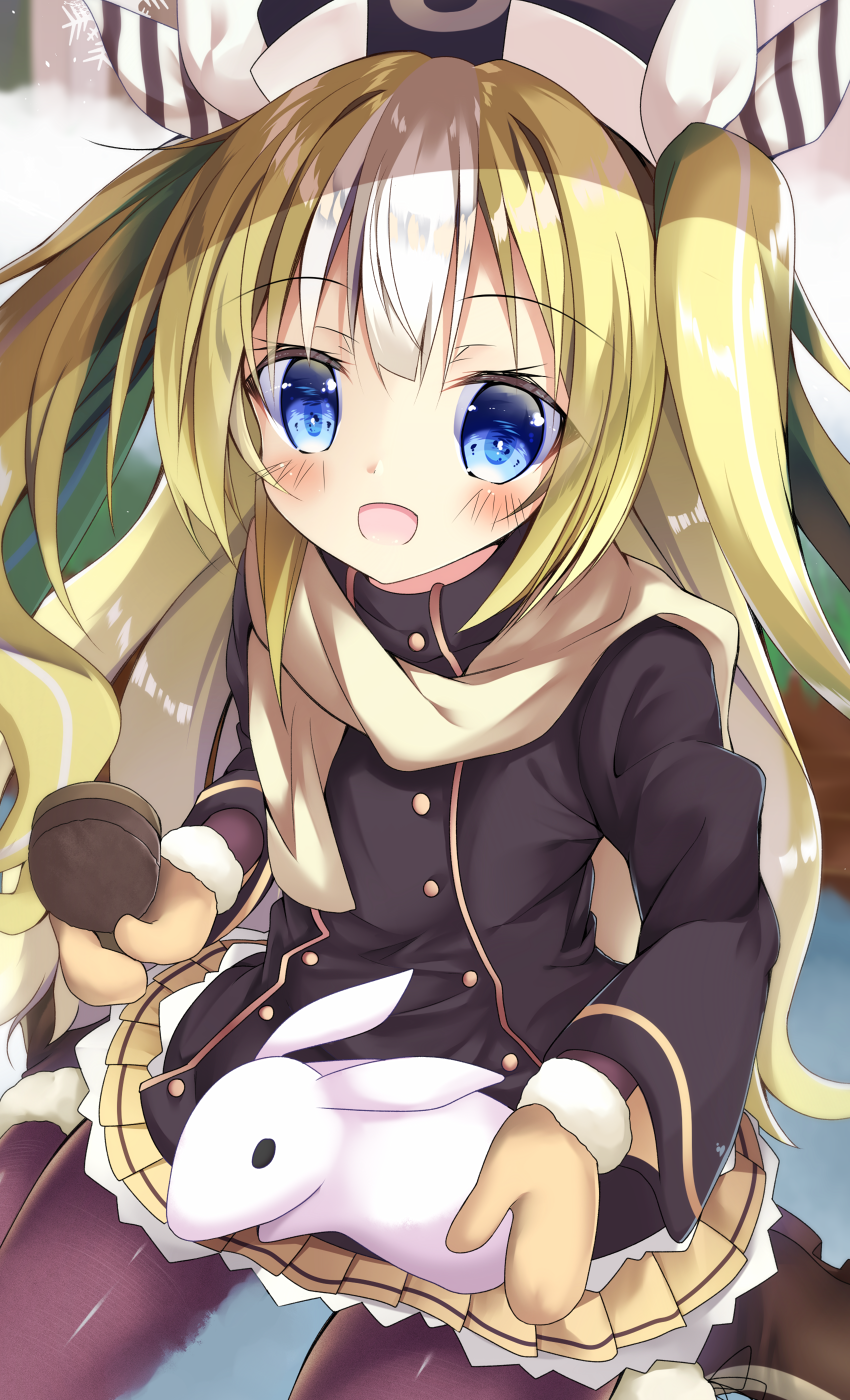 :d animal azur_lane bangs black_hat black_legwear black_shirt blonde_hair blue_eyes blush brown_footwear brown_scarf bunny buttons commentary_request double-breasted fur_trim hair_brush hair_ribbon hat highres holding kalk_(azur_lane) long_hair long_sleeves looking_at_viewer maritaki miniskirt mittens multicolored_hair open_mouth pantyhose pleated_skirt ribbon scarf shirt shoes sitting skirt smile snow snowflakes solo striped striped_ribbon two-tone_hair two_side_up very_long_hair wariza white_hair winter_clothes yellow_skirt