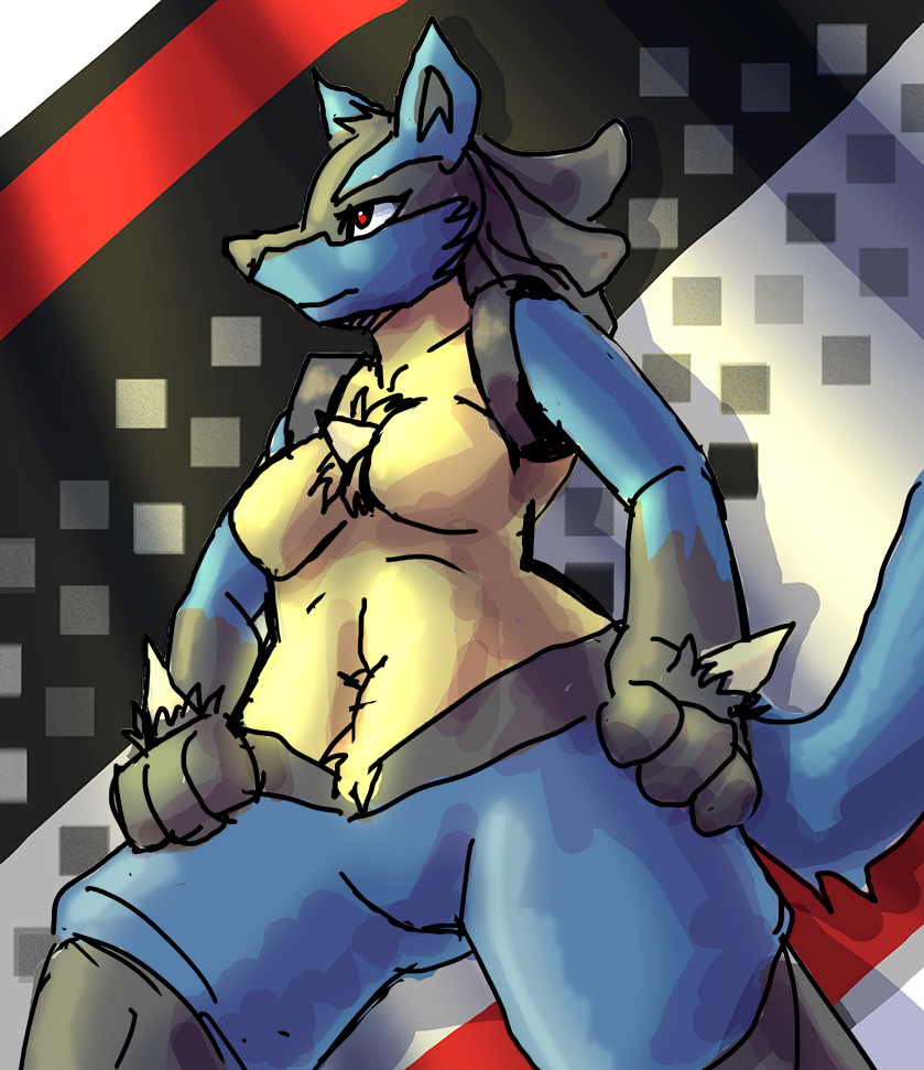 2018 anthro blue_fur breasts canine chest_spike digital_media_(artwork) featureless_breasts featureless_crotch female fur hands_on_hips lucario mammal manpersonguy mrease nintendo penetration pok&eacute;mon pok&eacute;mon_(species) red_eyes simple_background solo video_games