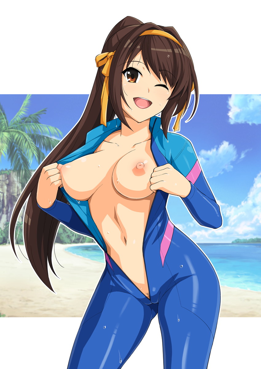 bangs beach blue_bodysuit blue_sky blush bodysuit breasts breasts_outside brown_eyes brown_hair collarbone commentary_request cosplay day hairband haruhisky highres hips large_breasts long_hair looking_at_viewer love_live! love_live!_school_idol_festival love_live!_sunshine!! matsuura_kanan matsuura_kanan_(cosplay) navel nipples one_eye_closed open_clothes open_mouth orange_hairband parody ponytail pubic_hair pubic_hair_peek sky smile solo suzumiya_haruhi suzumiya_haruhi_no_yuuutsu swept_bangs thighs wet wetsuit