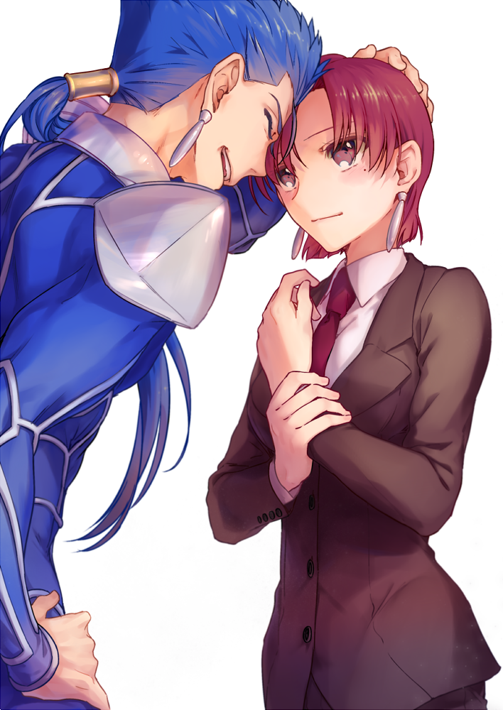 1girl :d bazett_fraga_mcremitz black_pants blue_bodysuit blue_hair bodysuit brown_jacket closed_eyes couple earrings fate/hollow_ataraxia fate_(series) floating_hair formal hair_ornament hair_over_shoulder hand_on_another's_head hand_on_hip jacket jewelry lancer long_hair long_sleeves misoiri_(gokutsubushi) mole mole_under_eye necktie open_mouth pants red_eyes red_hair red_neckwear shirt short_hair shoulder_armor simple_background smile spaulders white_background white_shirt