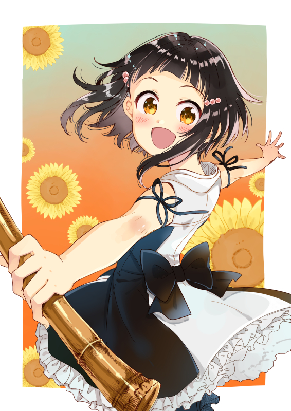 :d bare_arms bare_shoulders black_dress black_hair black_ribbon blush brown_eyes dress flower head_tilt holding holding_instrument instrument looking_at_viewer looking_to_the_side miyabi_akino nadeshiko_doremisora open_mouth outstretched_arms ribbon shakuhachi sleeveless sleeveless_dress smile solo spread_arms takemi_hiyo yellow_flower