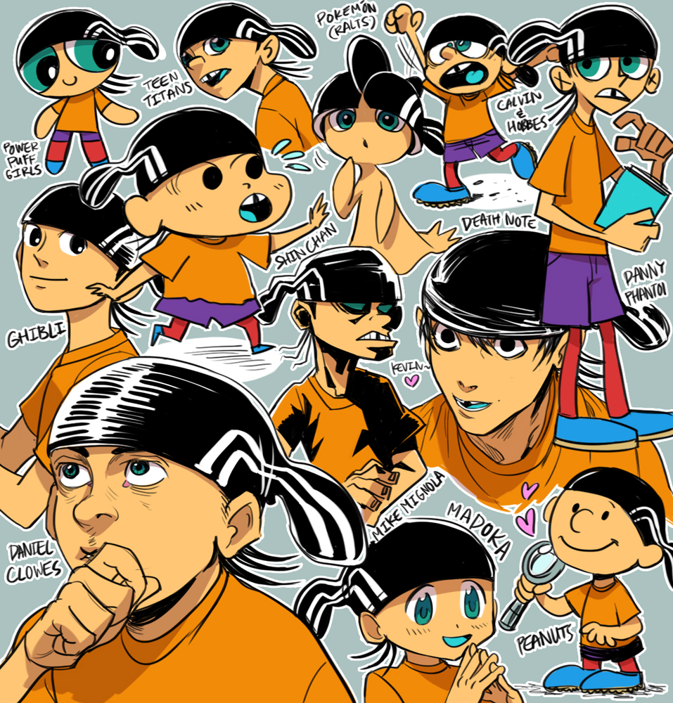 aqua_eyes beanie black_hat book calvin_&amp;_hobbes character_name closed_mouth copyright_name crayon_shin-chan daniel_clowes_(style) danny_phantom dc_comics death_note ed_edd_n_eddy edd_(ed_edd_n_eddy) gen_3_pokemon grey_background hands_up hat heart holding holding_book holding_magnifying_glass looking_up magnifying_glass mahou_shoujo_madoka_magica male_focus mike_mignola_(style) missing_tooth multiple_boys multiple_persona orange_shirt parody peanuts pokemon pokemon_(creature) powerpuff_girls ralts shirt shoes simple_background smile studio_ghibli studio_ghibli_(style) style_parody teen_titans walking